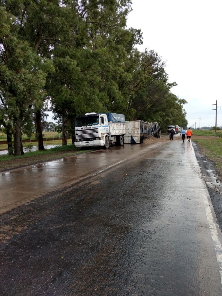 El camión terminó con su carga sobre la calzada por una mala maniobra